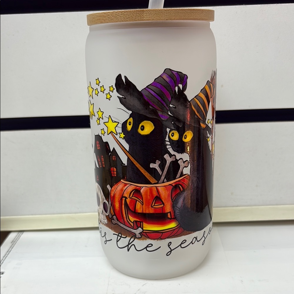 Halloween Cat and Pumpkin Glass Jar cup